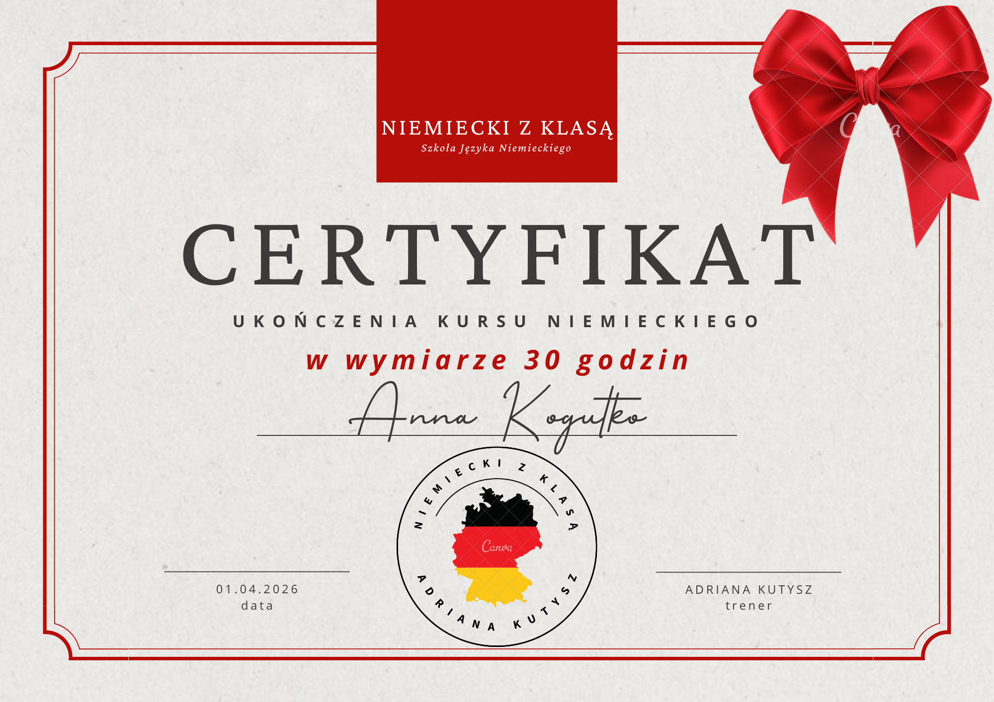 Certyfikat uczestnictwa w kursie języka niemieckiego